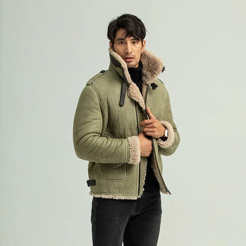 men wearing army green shearling leather jacket