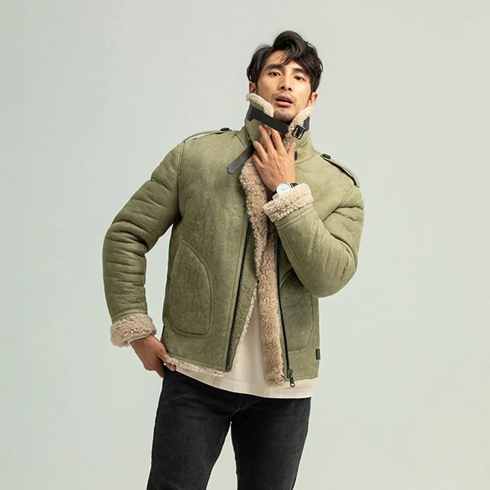 men wearing army green shearling leather jacket