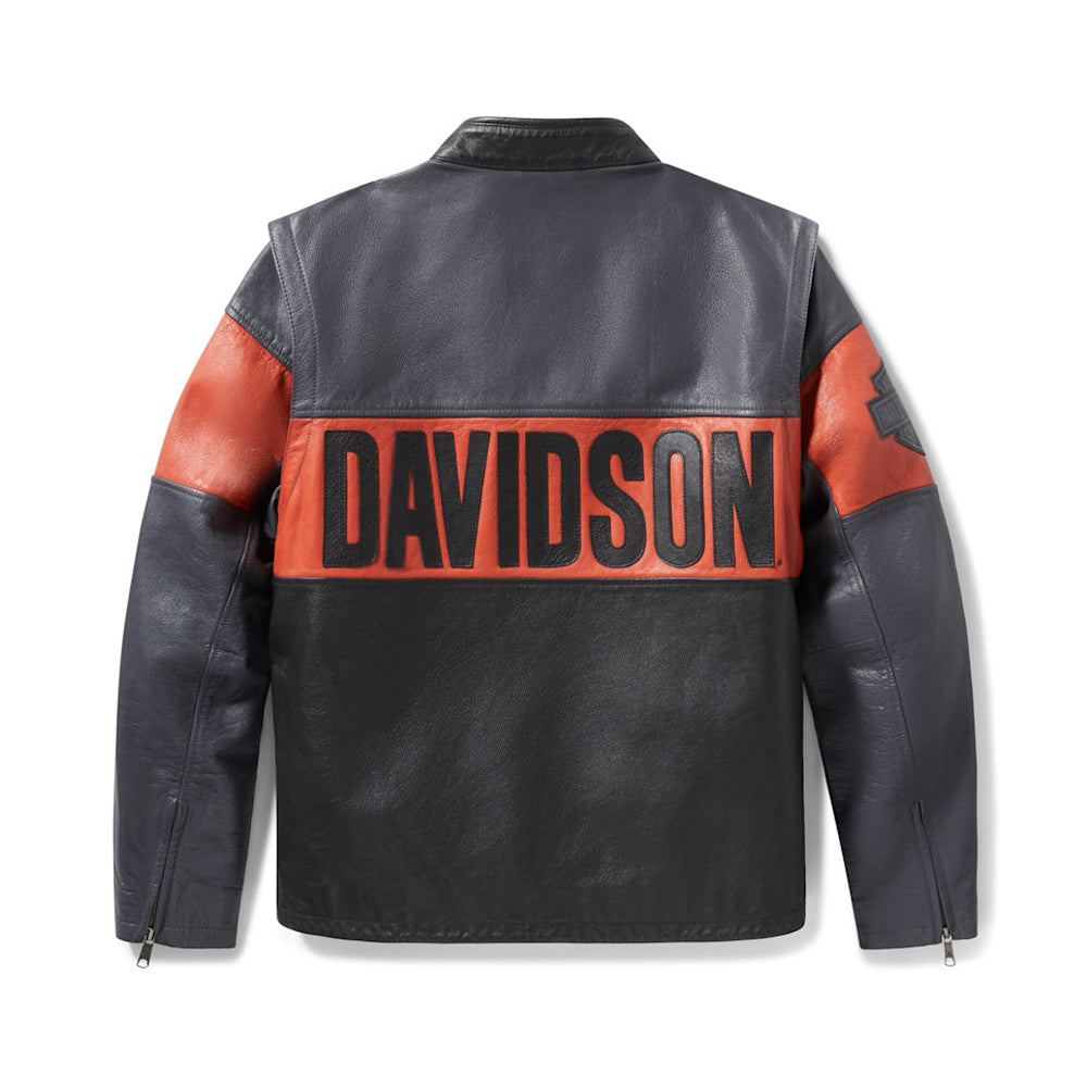 A black leather motorcycle jacket shown from the back, featuring a wide orange-red horizontal stripe across the upper back with the word 'DAVIDSON' in black block letters, and matching orange-red panels on the upper sleeves.