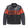Harley Davidson leather jacket with red and black design on a white background