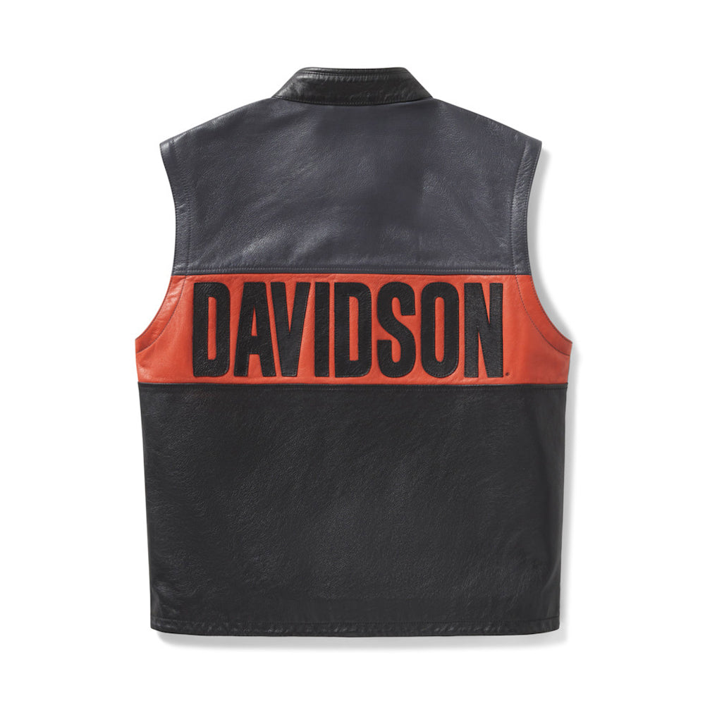 Black leather vest with 'DAVIDSON' branding on a white background