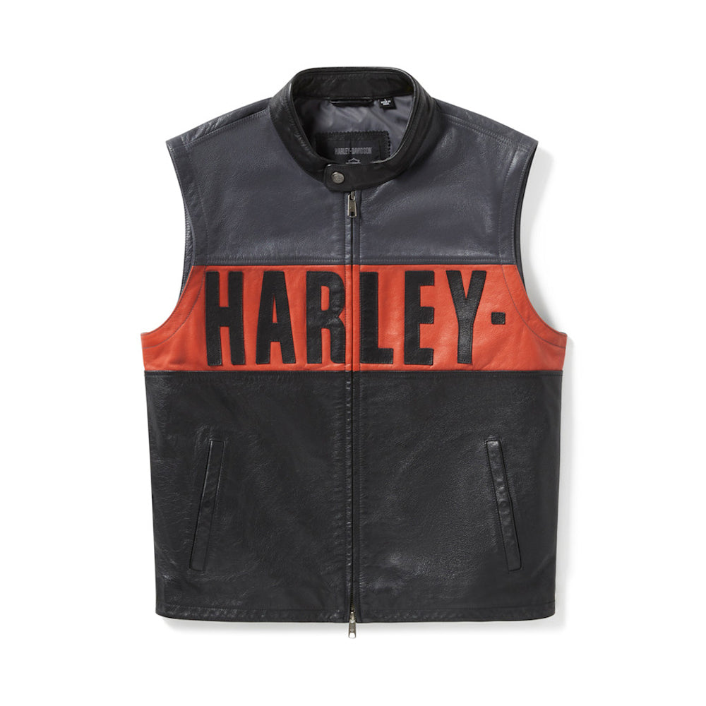 Black leather vest with orange and black 'Harley' branding on a white background