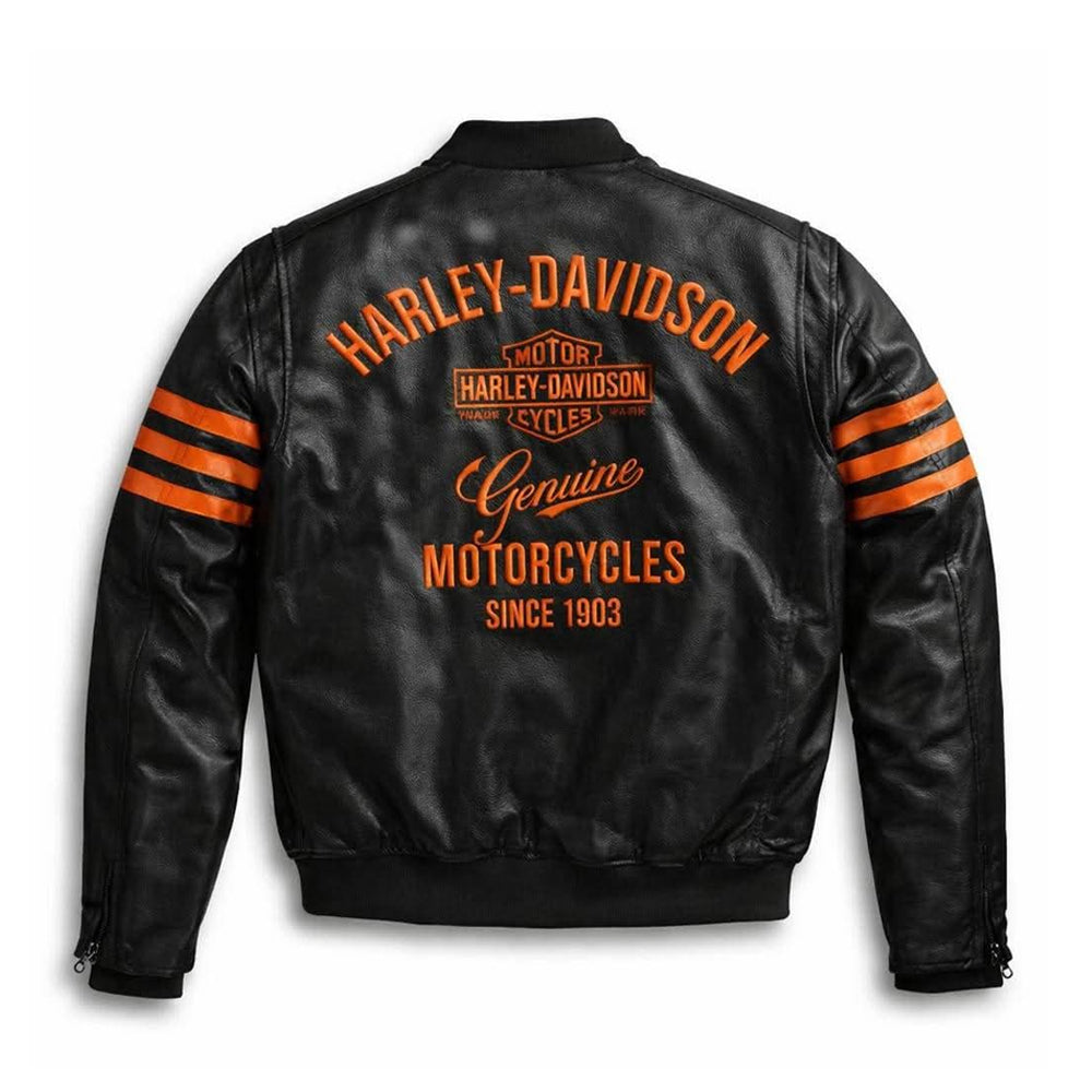 Black leather jacket with orange text and stripes featuring Harley-Davidson branding on a white background.