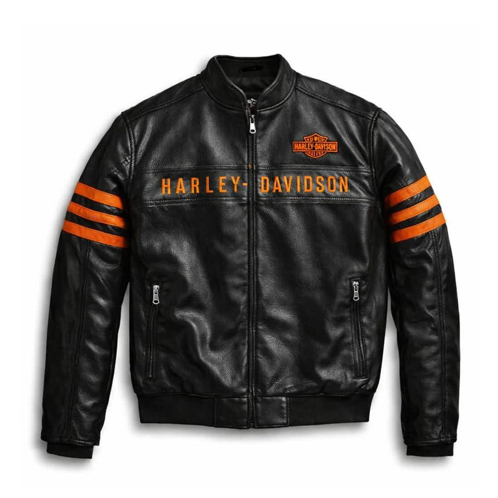 Black leather jacket with orange stripes and Harley-Davidson logo on a white background