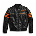 Black leather jacket with orange stripes and Harley-Davidson logo on a white background