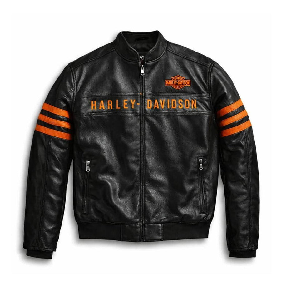 Black leather jacket with orange stripes and Harley-Davidson logo on a white background