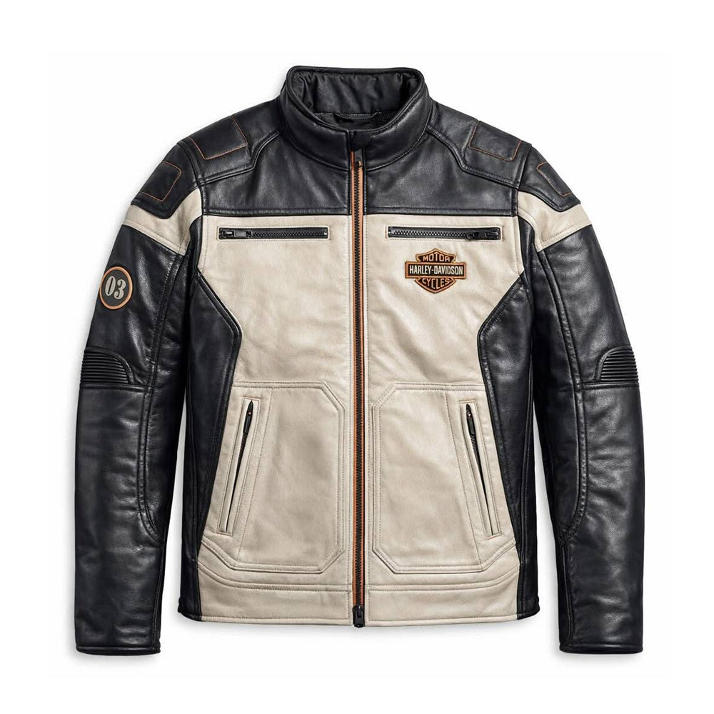 Men’s black and cream Harley-Davidson Windale cowhide leather jacket front view