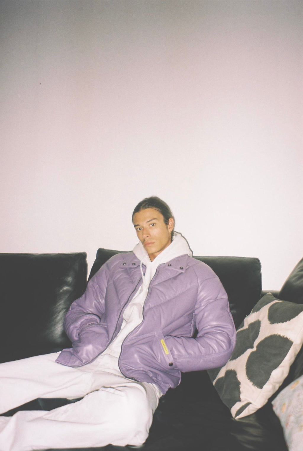 men wearing double goose purple leather jacket
