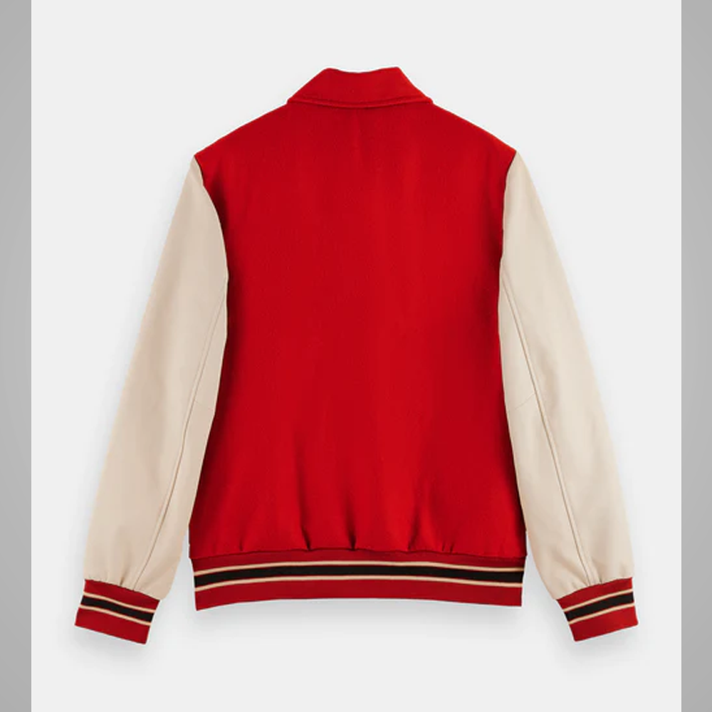 Red Varsity Letterman Jacket with Cream Sleeves