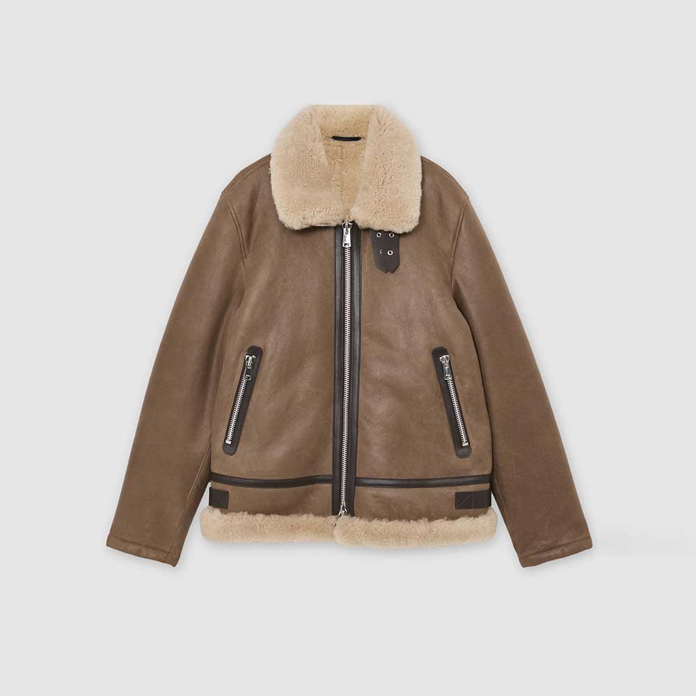 Men’s light brown genuine sheepskin shearling bomber jacket front view