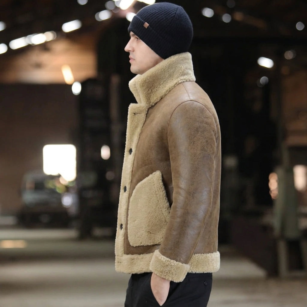 side view of shearling jacket