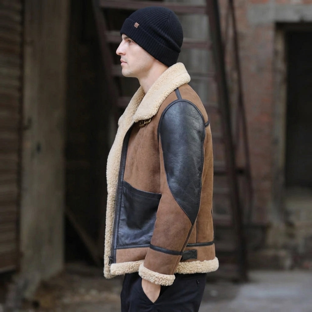 side view of shearling jacket