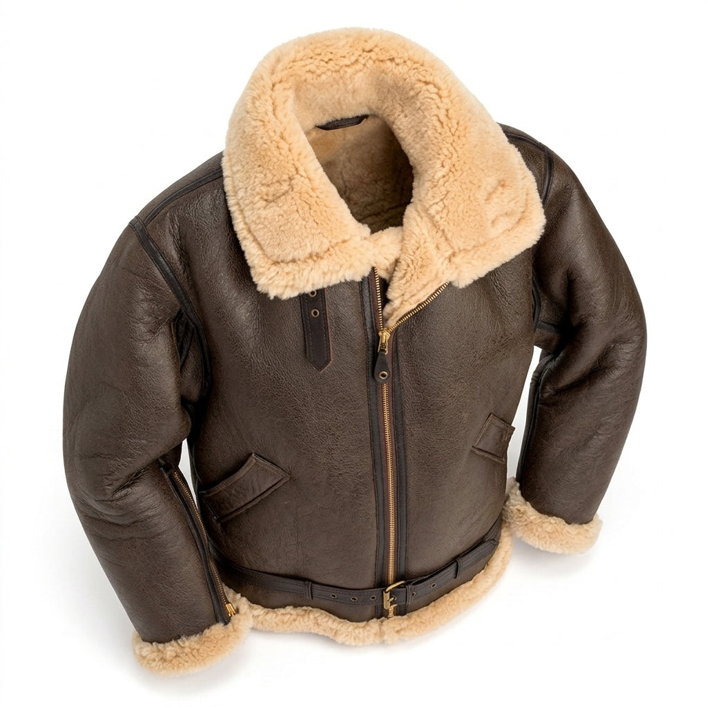 RAF B-3 jacket back showing leather-bound panel seams
