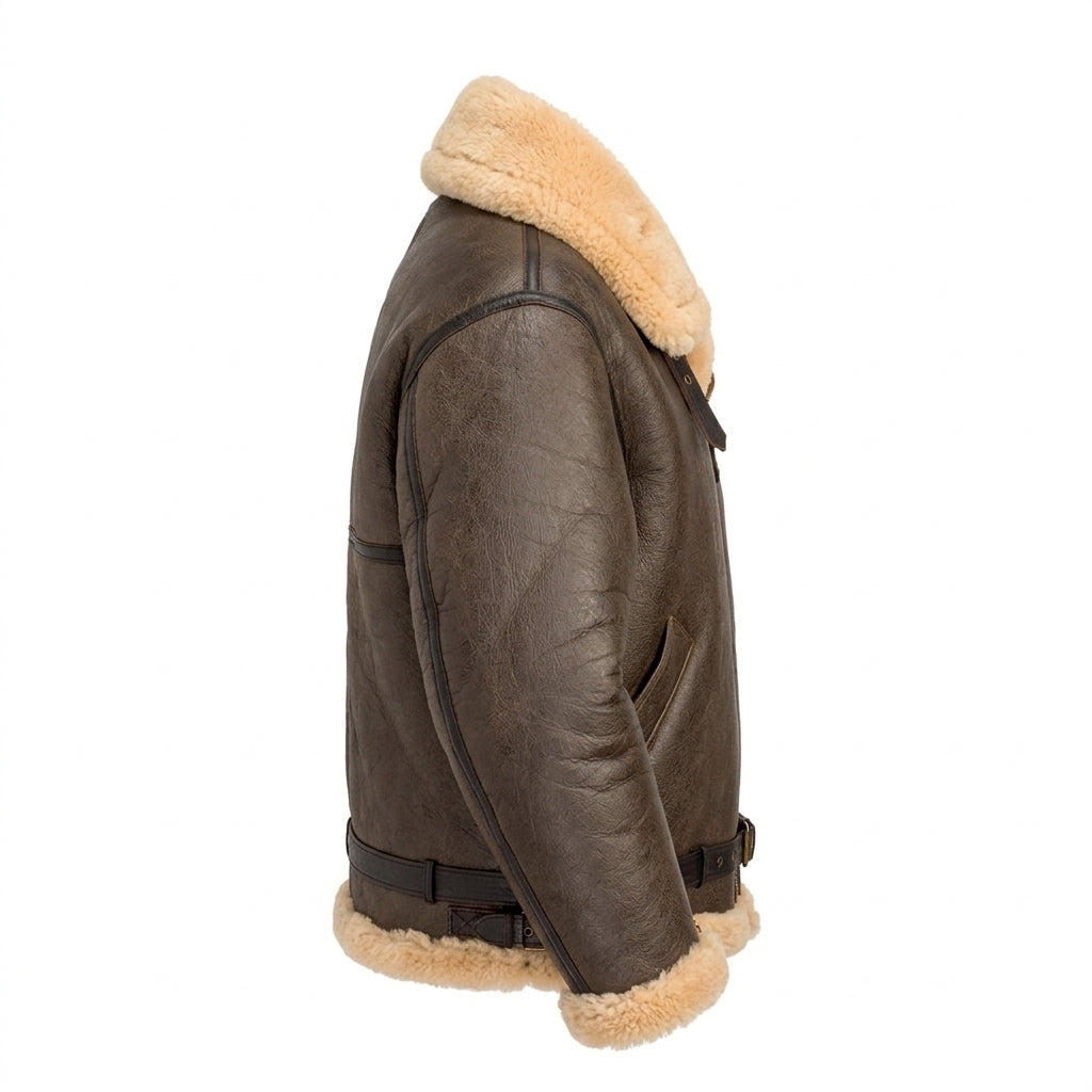 Side view of brown B-3 shearling jacket with zip cuff and belted waist