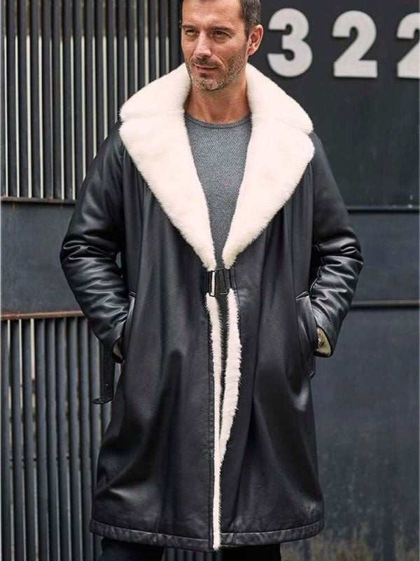 Men's Winter Warm Shearling Fur Black Leather Long Jacket Trench Coat Outerwear