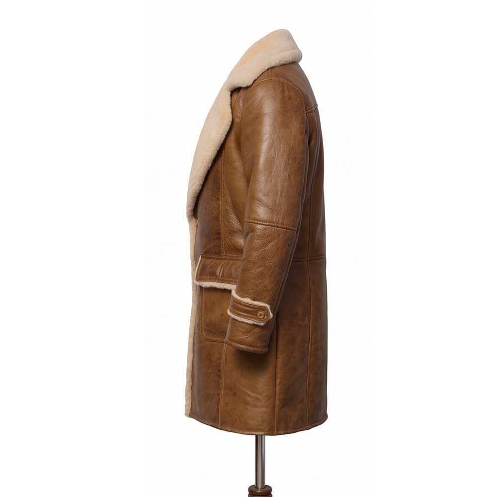 A brown leather aviator-style coat with a cream-colored shearling lining, displayed on a dress form against a white background.