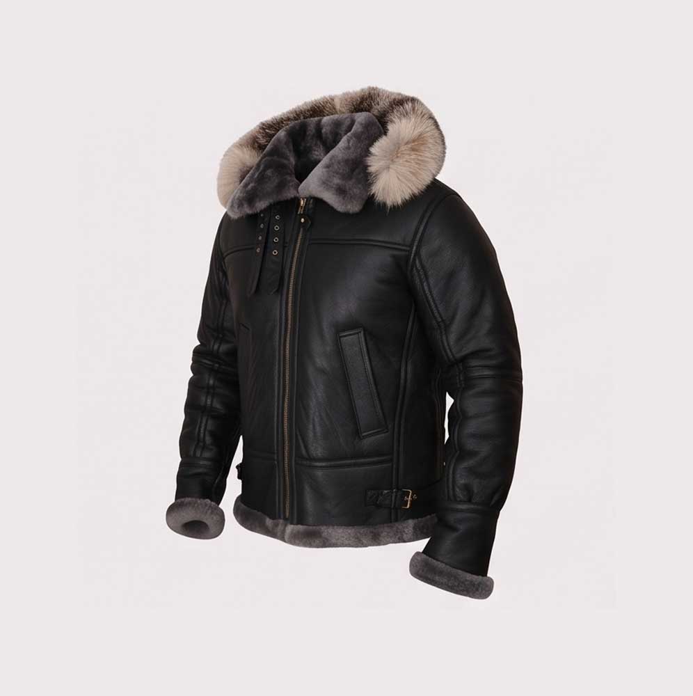 Men Black Shearling Jacket With Hoodie