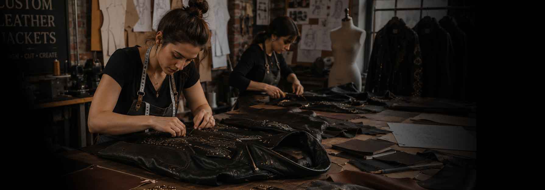 Two tailors working at a wooden table in a dimly lit leather workshop, sewing black leather jackets. A mannequin torso and hanging garments are visible in the background.