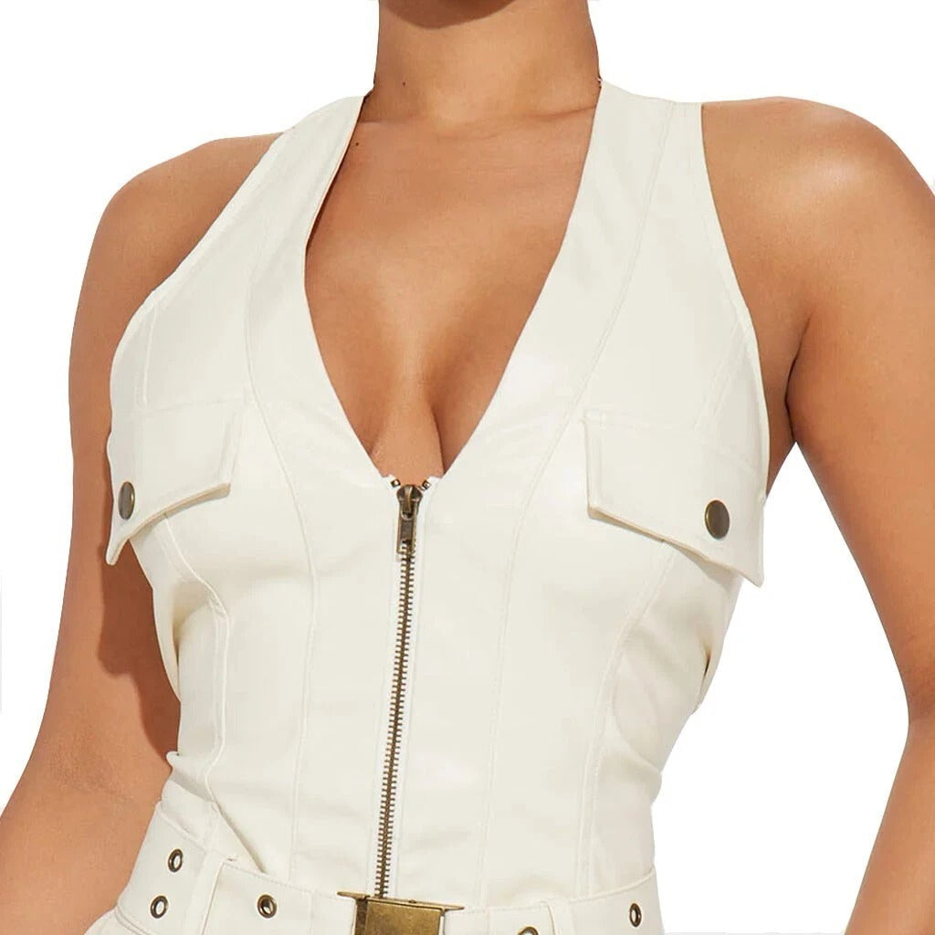 Women White Zip Up Romper