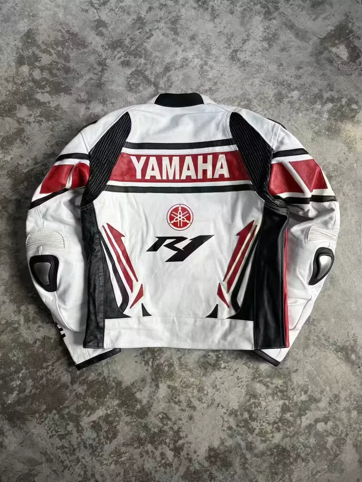 Yamaha Racing Cowhide White Leather Jacket