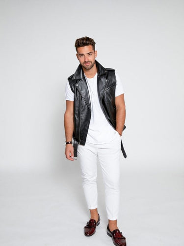 Men Biker Leather Vest - Shearling leather