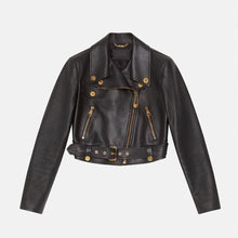 Load image into Gallery viewer, women&#39;s black sheepskin leather biker jacket
