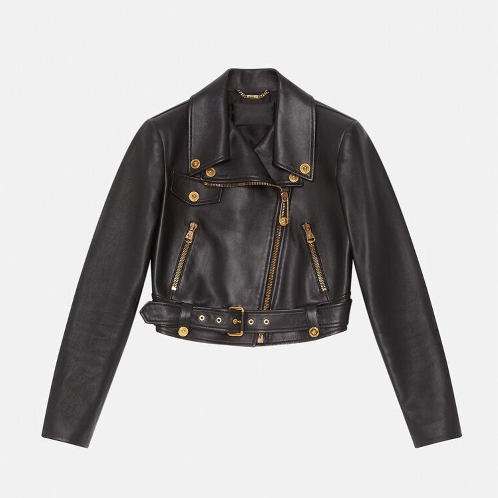 women's black sheepskin leather biker jacket