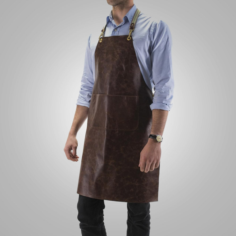 Men New Cedar Brown Sheepskin Leather Apron With Front Pocket