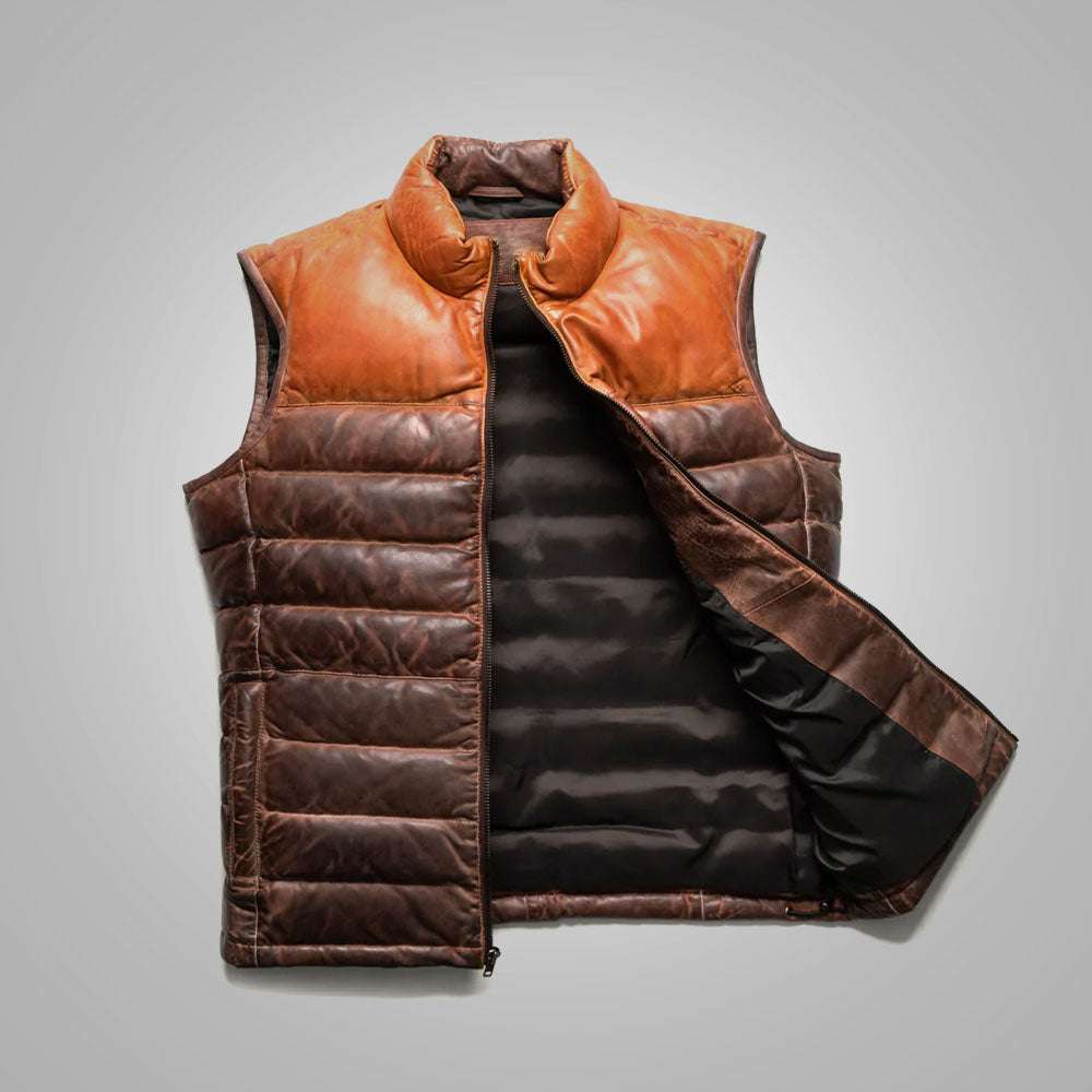 Men's Puffer Leather Vest, Brown Leather Puffer Vest, Mens Leather Vest, Biker Leather Vest, Leather Sleeveless Jacket, Leather shops Padded Vest