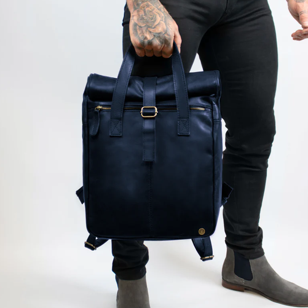 Men's Blue Sheepskin Leather Travel Backpack With Robust YKK zipper