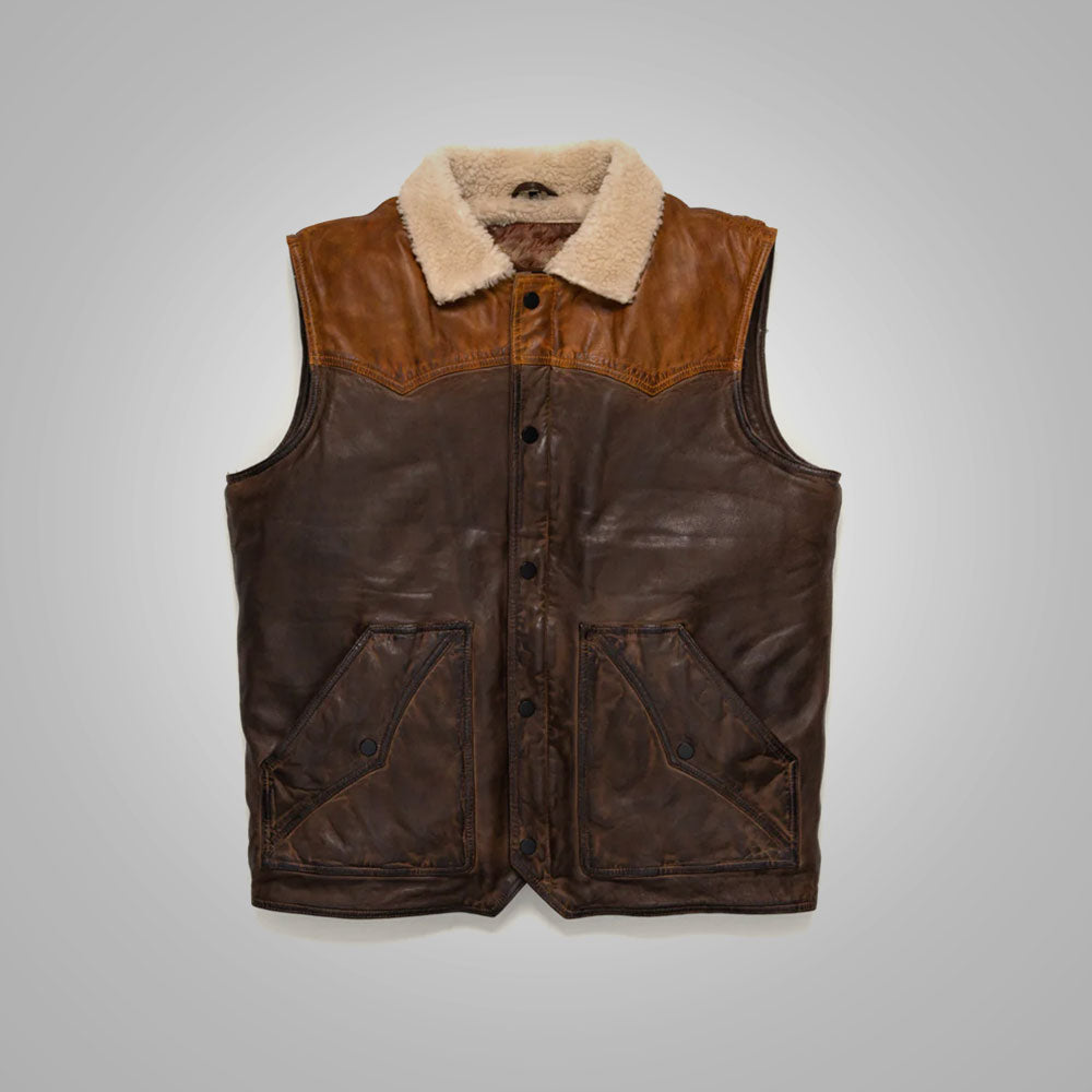 Mens Brown Shearling Fur Sheepskin Leather Vest on gray background
