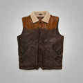 Mens Brown Shearling Fur Sheepskin Leather Vest on gray background