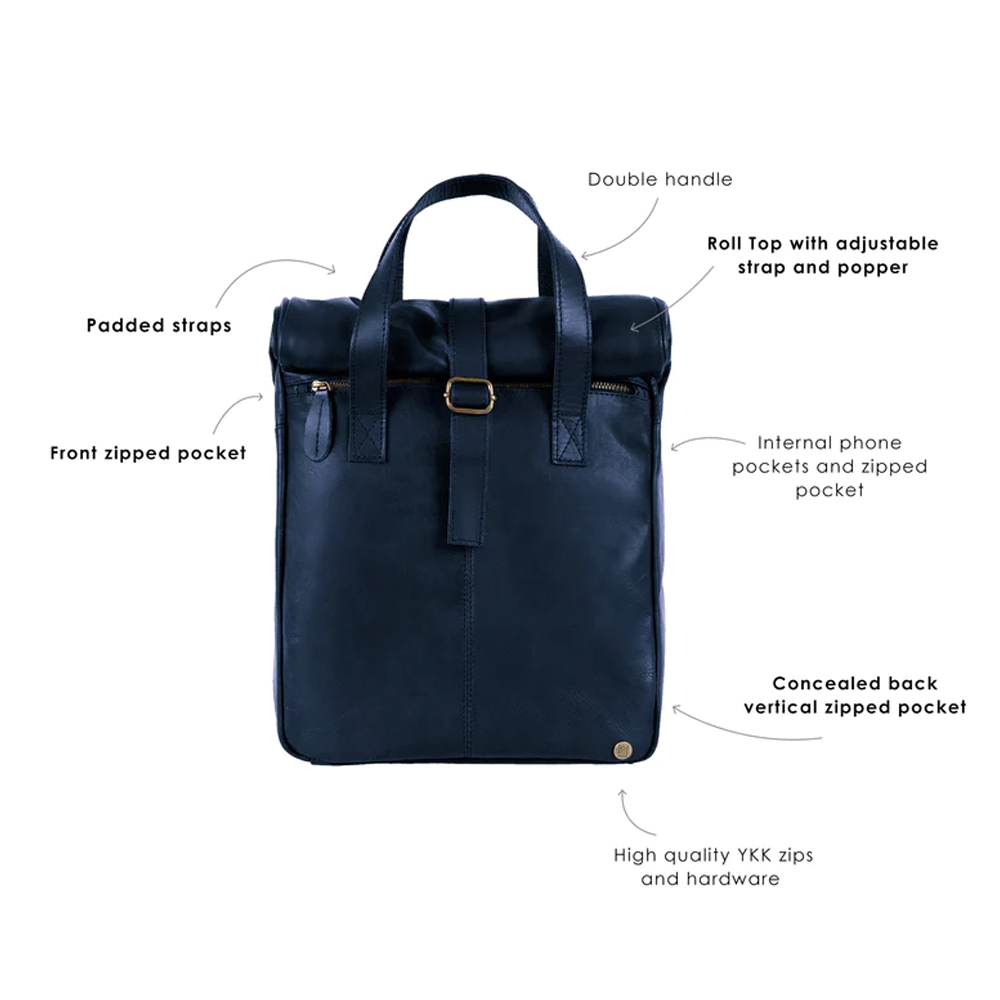 Men's Blue Sheepskin Leather Travel Backpack With Robust YKK zipper