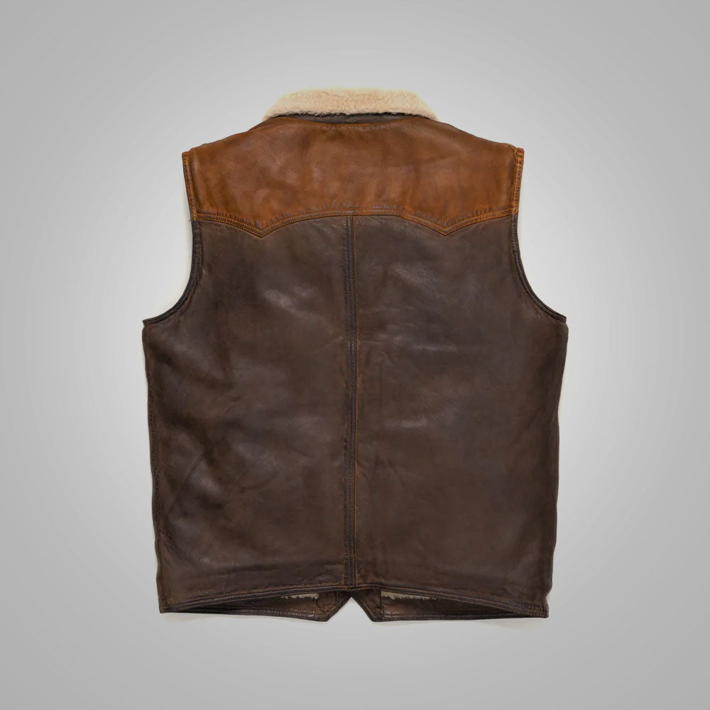 back view of Mens Brown Shearling Fur Sheepskin Leather Vest