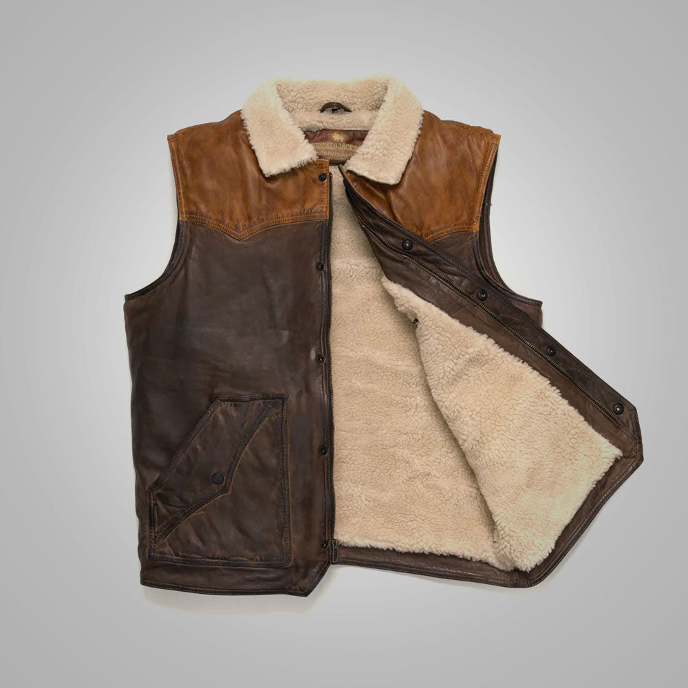 inside shearling view of Mens Brown Shearling Fur Sheepskin Leather Vest