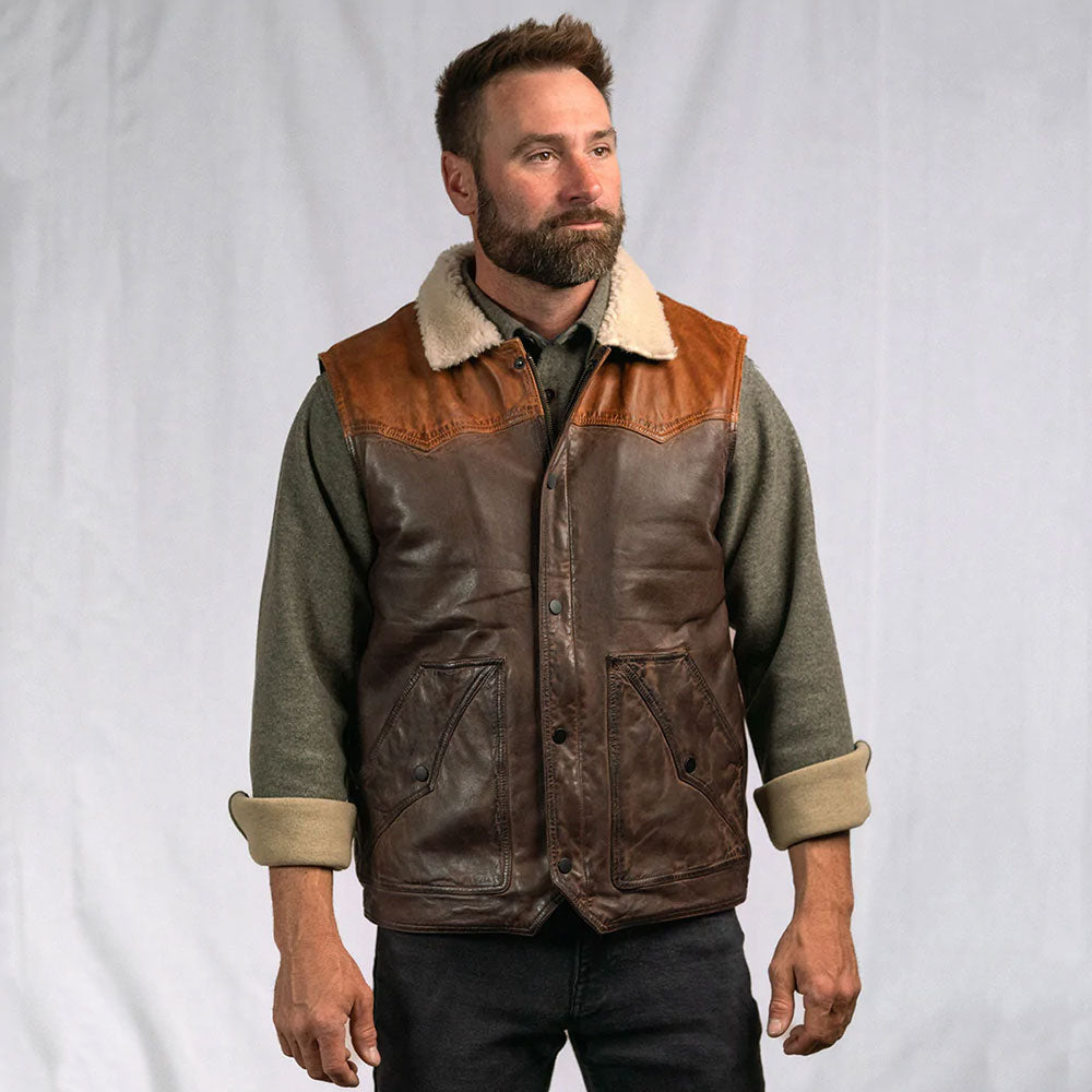men wearing Brown Shearling Fur Sheepskin Leather Vest