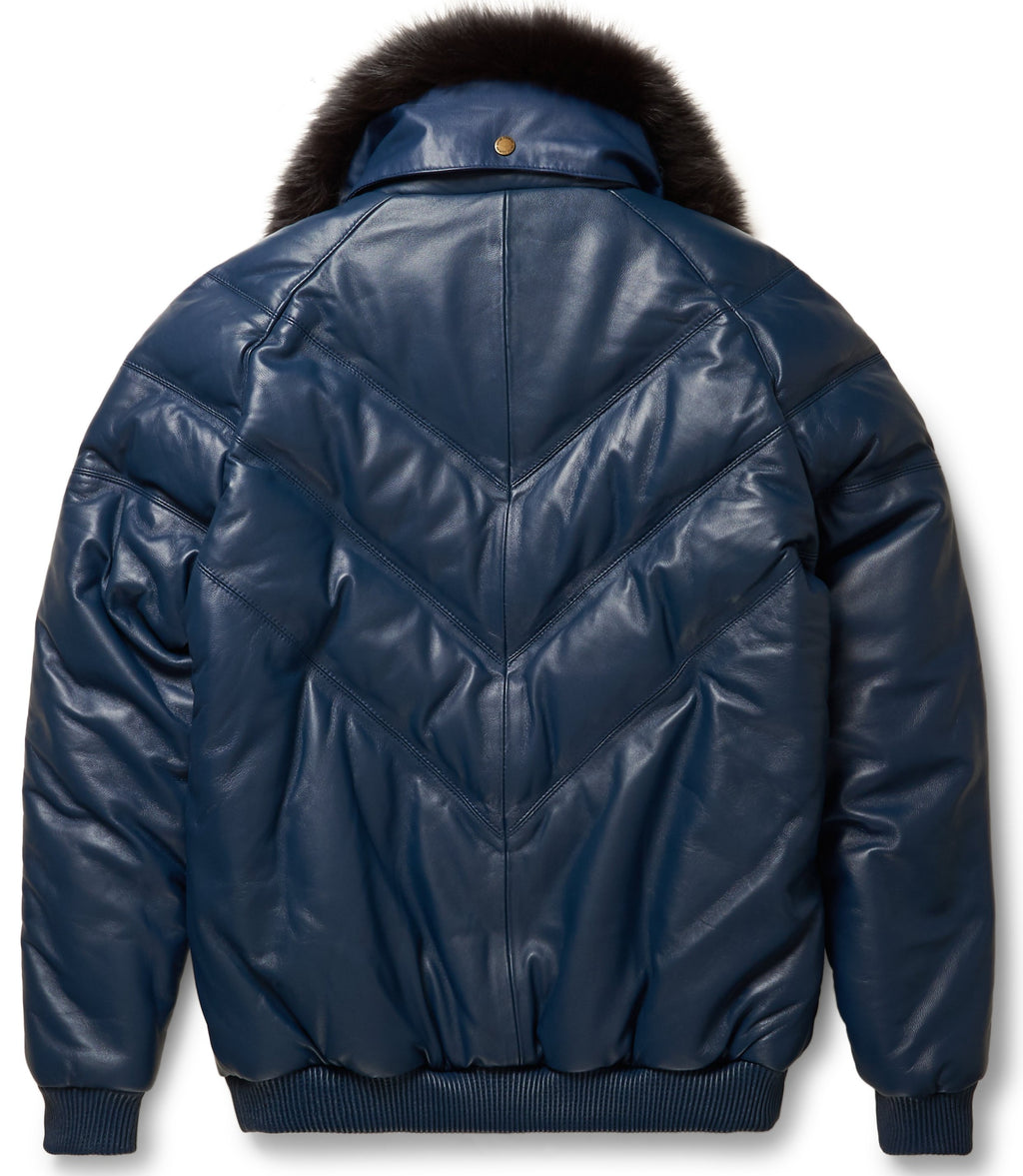 Navy Leather V-Bomber Jacket - Shearling leather