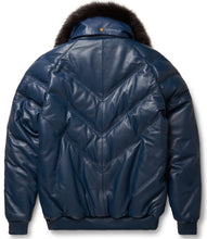 Load image into Gallery viewer, Navy Leather V-Bomber Jacket - Shearling leather
