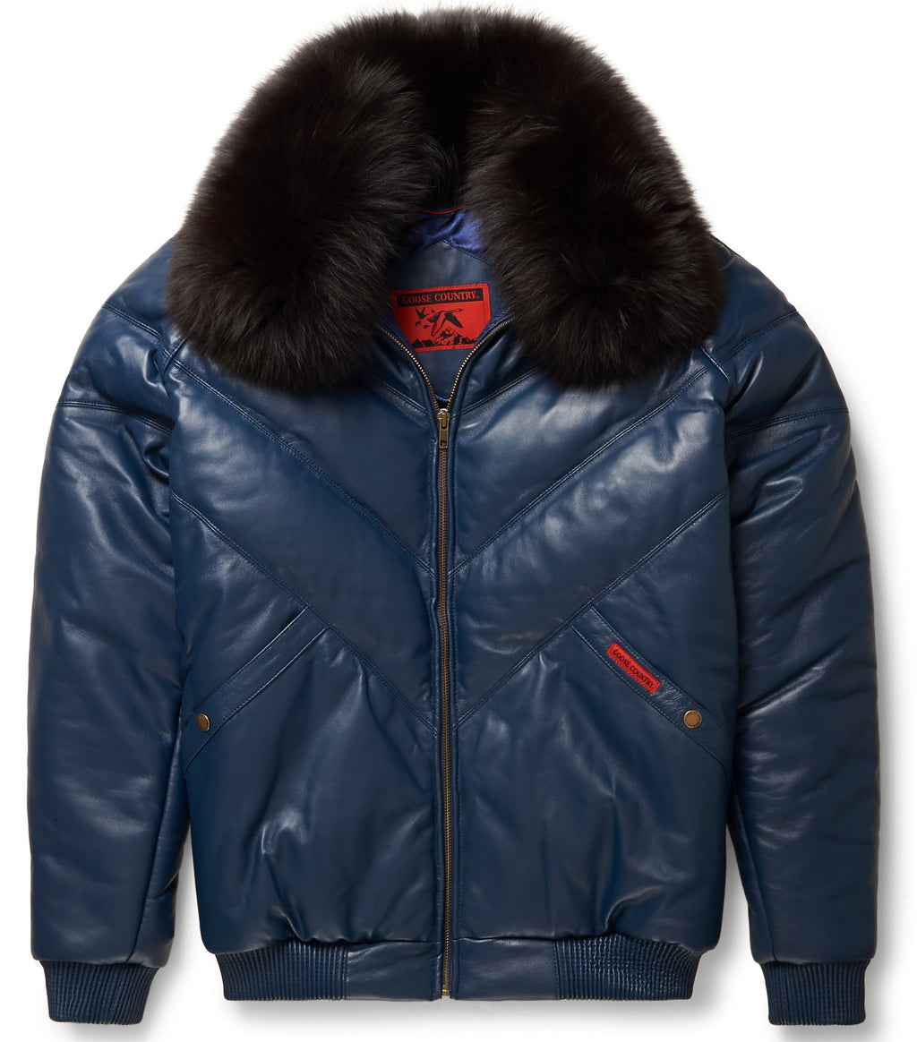 Navy Leather V-Bomber Jacket - Shearling leather