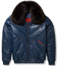 Navy Leather V-Bomber Jacket - Shearling leather