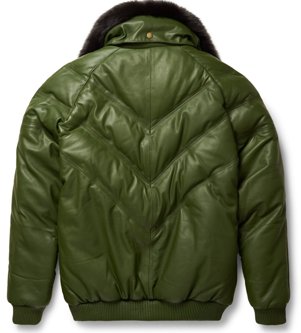 Olive Leather V-Bomber Jacket - Shearling leather
