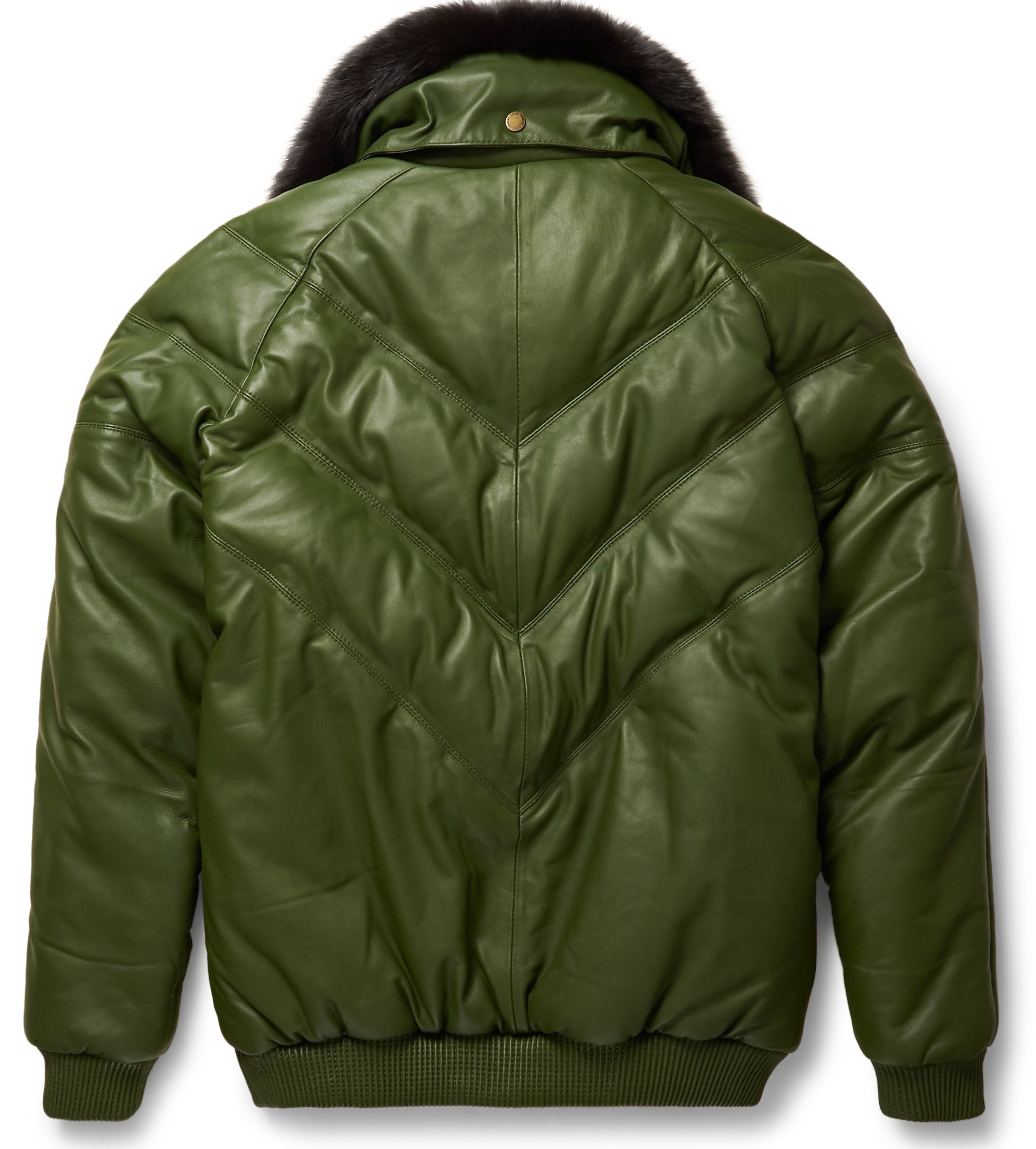Olive Leather V-Bomber Jacket - Shearling leather