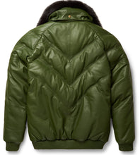 Load image into Gallery viewer, Olive Leather V-Bomber Jacket - Shearling leather
