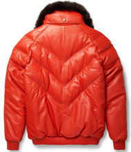 Load image into Gallery viewer, Orange Leather V-Bomber Jacket - Shearling leather
