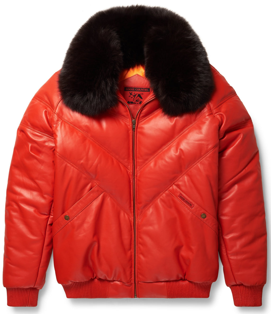 Orange Leather V-Bomber Jacket - Shearling leather