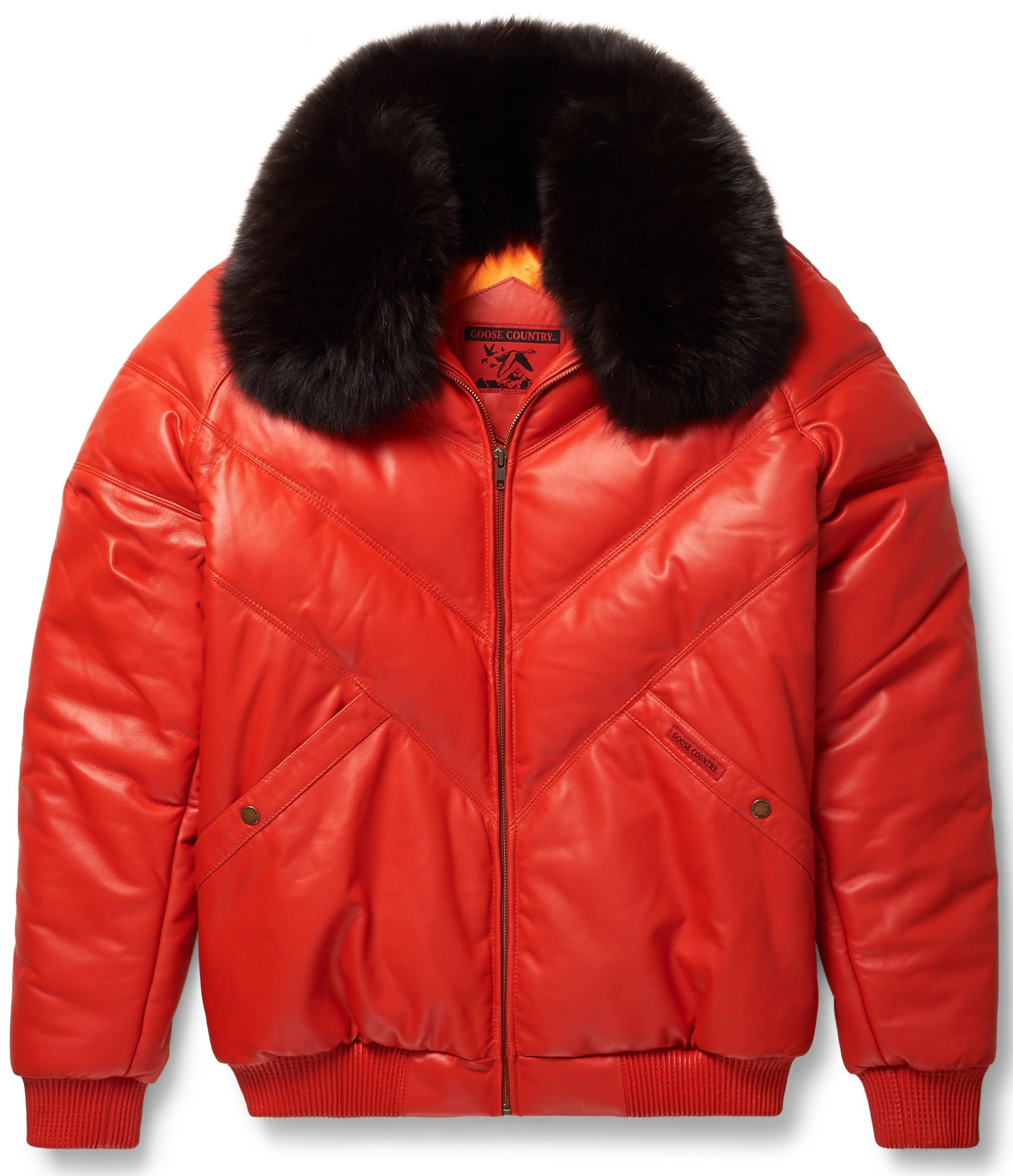 Orange Leather V-Bomber Jacket - Shearling leather