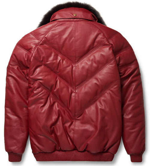 Burgundy Leather V-Bomber Jacket - Shearling leather