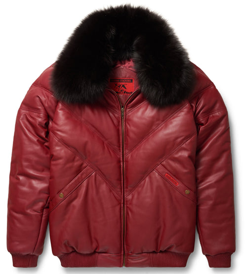 Burgundy Leather V-Bomber Jacket - Shearling leather