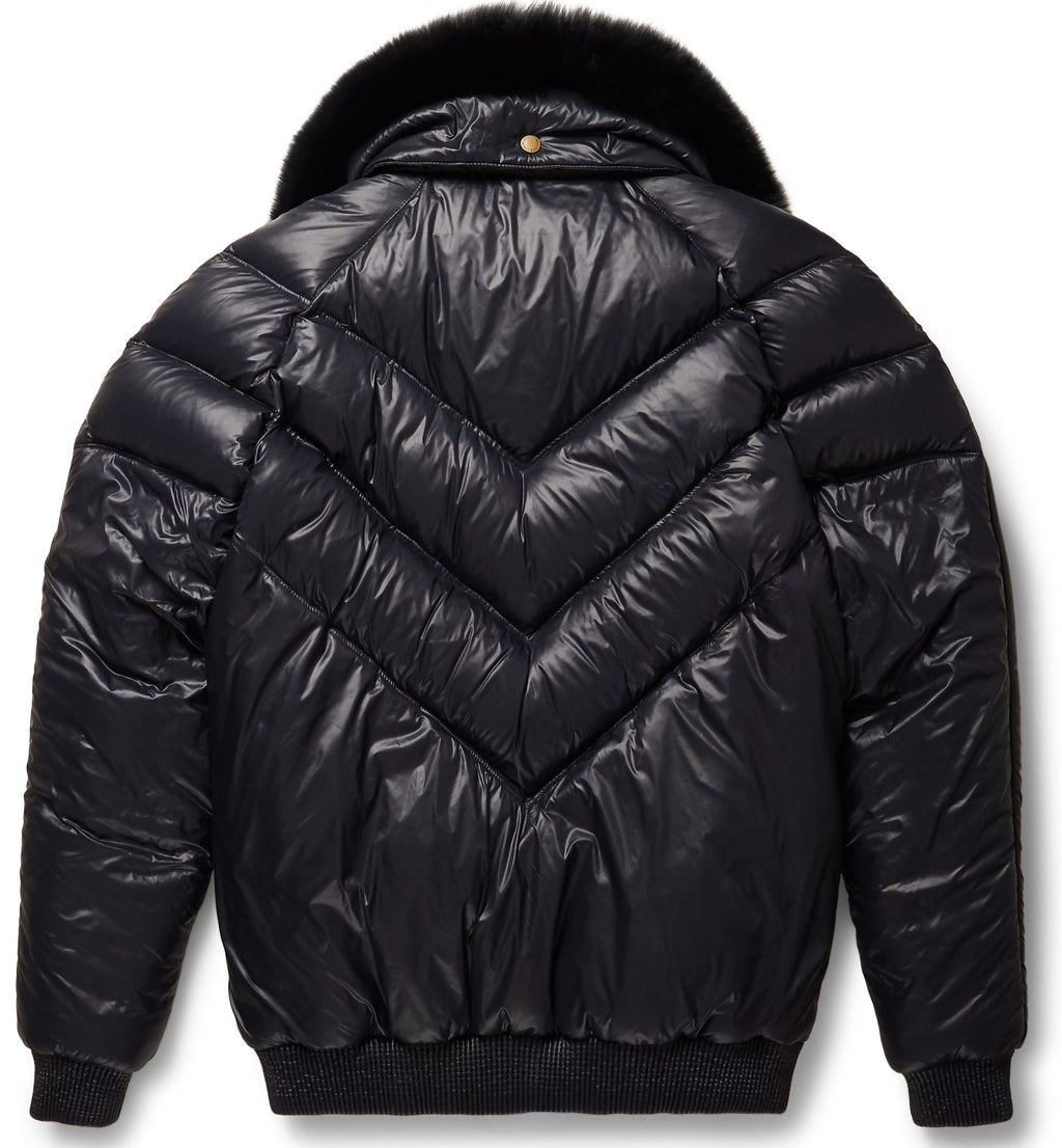 Nylon Black Leather V-Bomber Jacket - Shearling leather