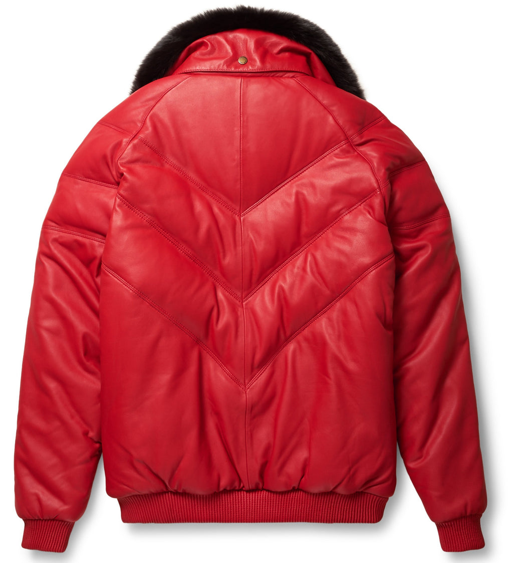 Red Leather V-Bomber Jacket - Shearling leather